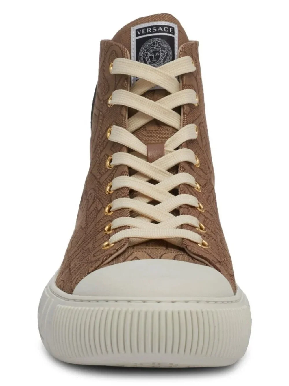 Versace Men's Greca Logo Jacquard High Top Sneaker Shoes Beige Size 47 / US 14